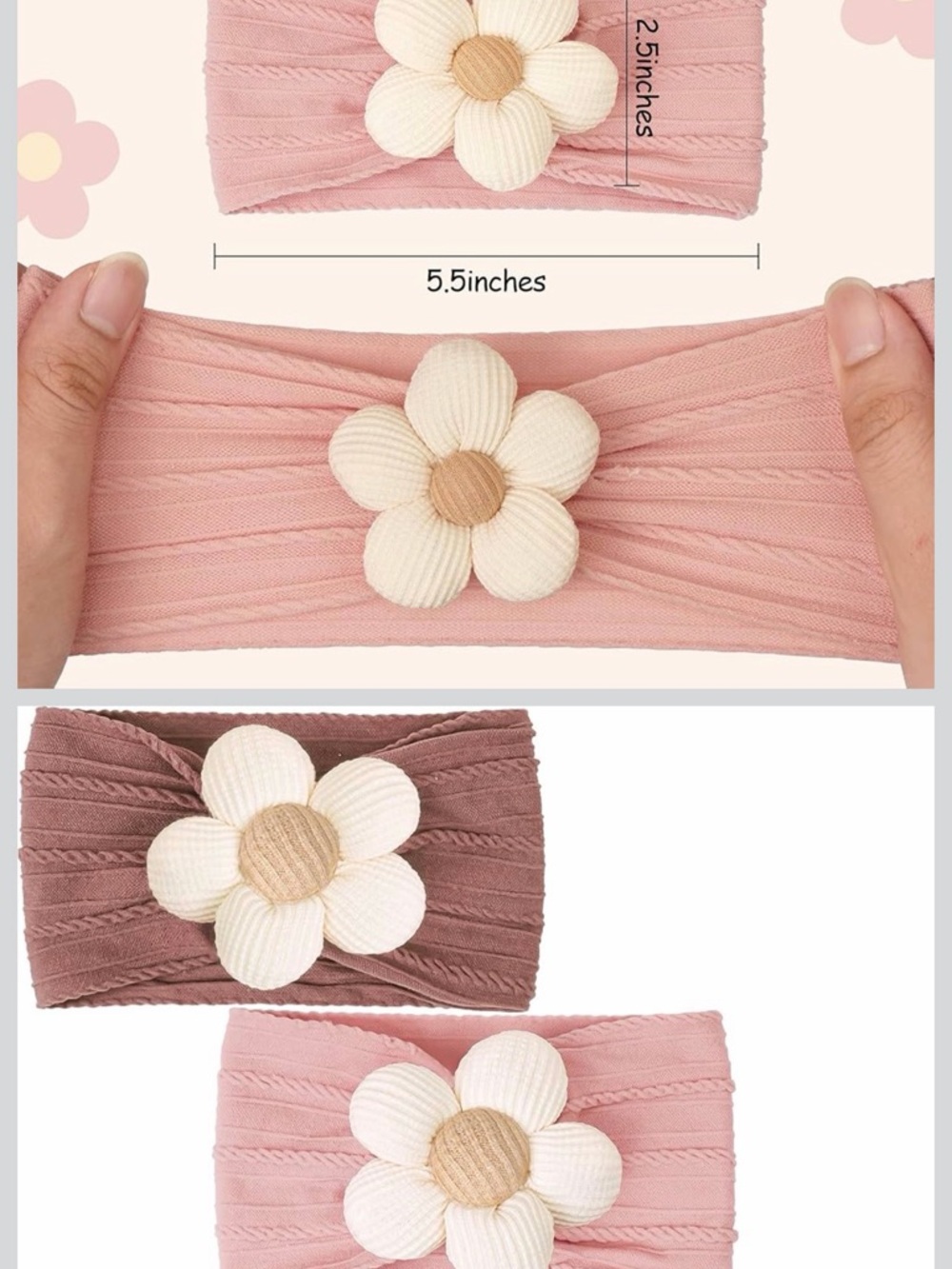 Soft Ribbed Flower Headband - Pink, Mauve, Brown